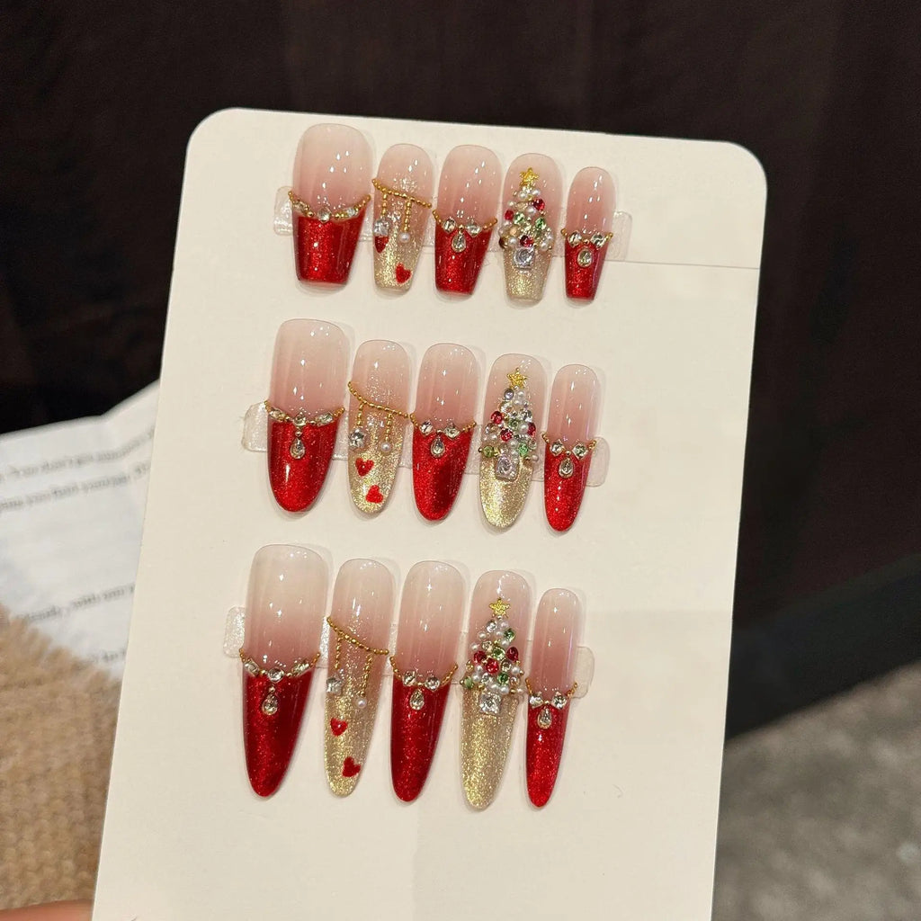 10 PCS Luxury Handmade Press on Nails Long Oval Christmas style Design with 3-PIECE Tool Adhesive Nail Glue Tabs