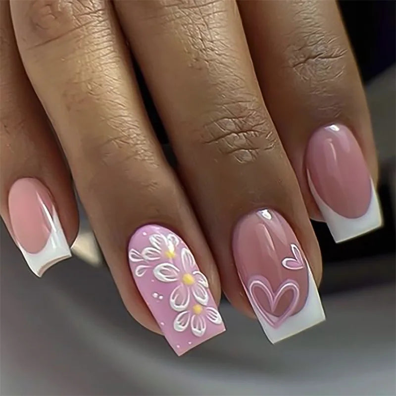 Short Square French Press-On Nails with White Leaf Design (24pcs) Luna Nails
