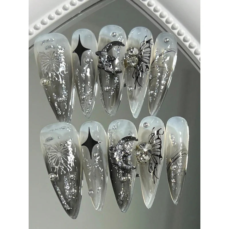 Pearl White Glitter Press-On Nails – Shiny Almond Tips