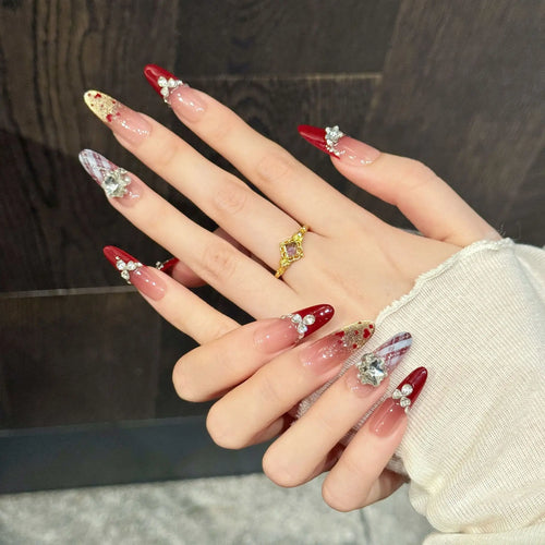 10 PCS Luxury Handmade Press on Nails Long Oval Love wave point Design with 3-PIECE Tool Adhesive Nail Glue Tabs