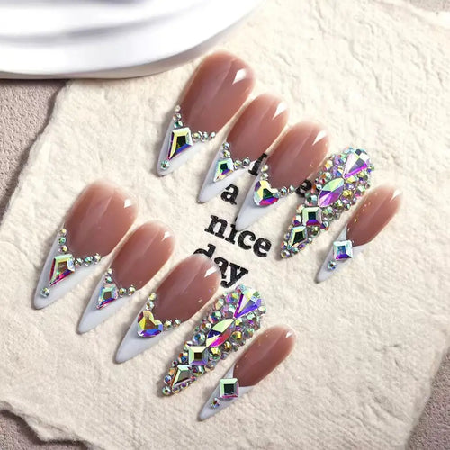 3D Heart Diamond French Nails