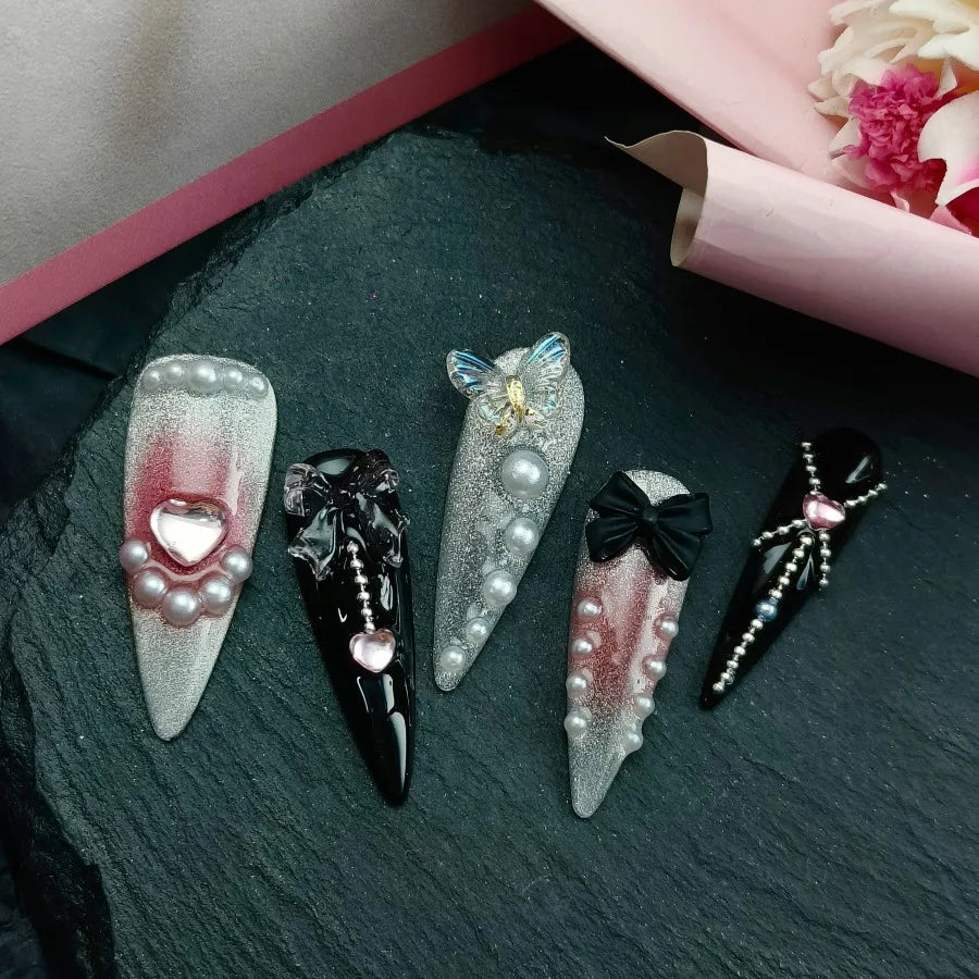 Vintage Flower & Lace French Press On Nails | 3D Rhinestone Butterfly Long Coffin Nails | Elegant Handmade Nail Art