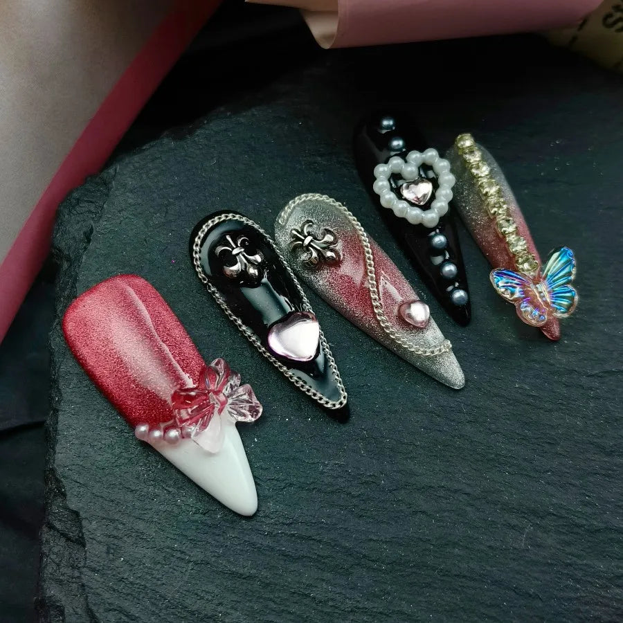 Vintage Flower & Lace French Press On Nails | 3D Rhinestone Butterfly Long Coffin Nails | Elegant Handmade Nail Art