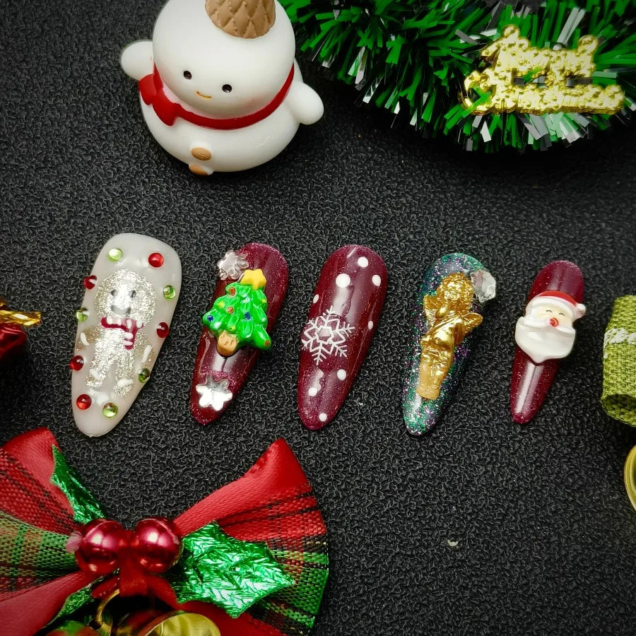 Christmas Cute Nail Art Set, Sweet Pink Heart Press On Nails | 3D Bow & Rhinestone Coffin Nails | Cute Girly Handmade Set