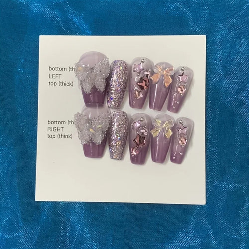 10pcs high-end Flash crystal butterfly long handmade fake nails, Full of diamond purple women's fake nails