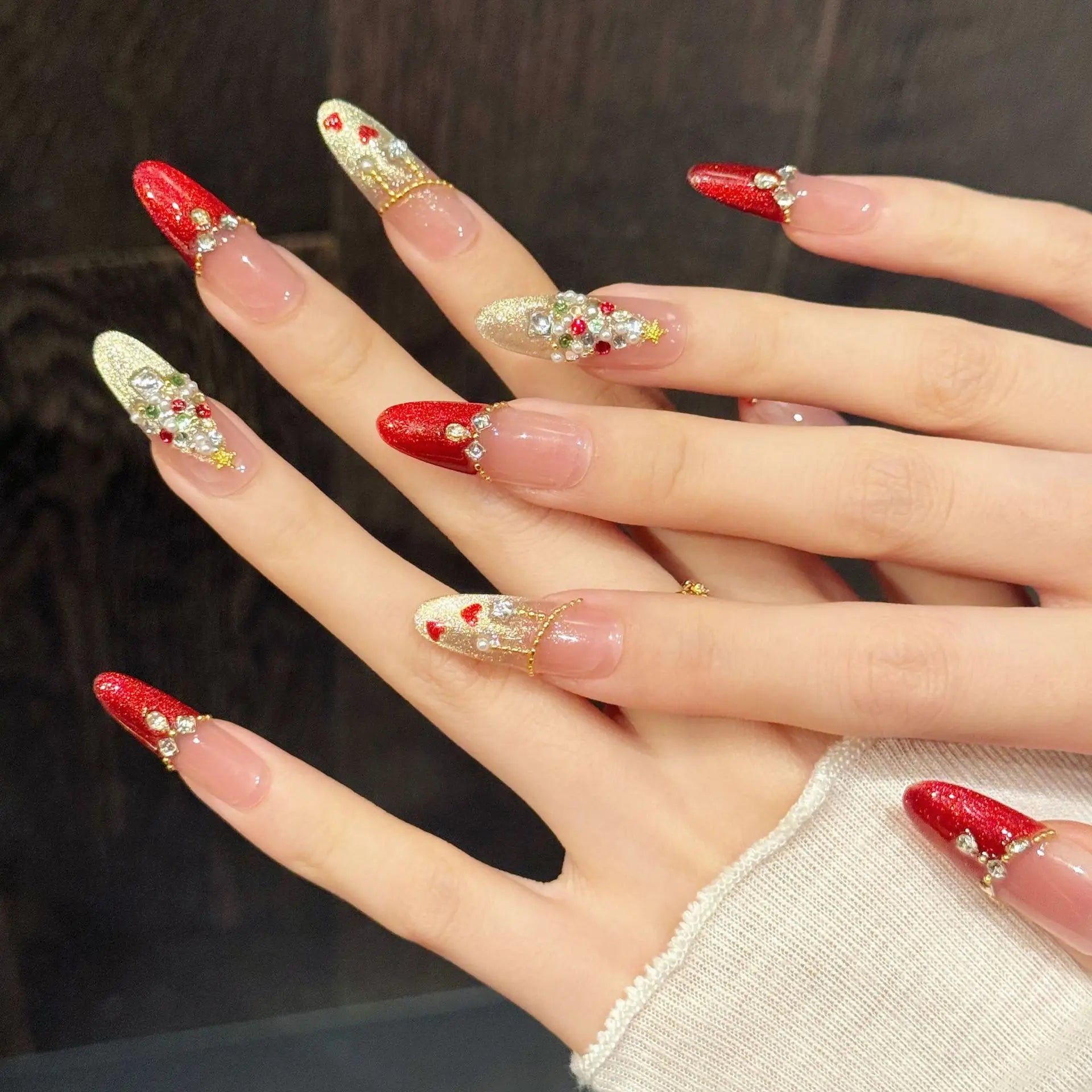 10 PCS Luxury Handmade Press on Nails Long Oval Christmas style Design with 3-PIECE Tool Adhesive Nail Glue Tabs
