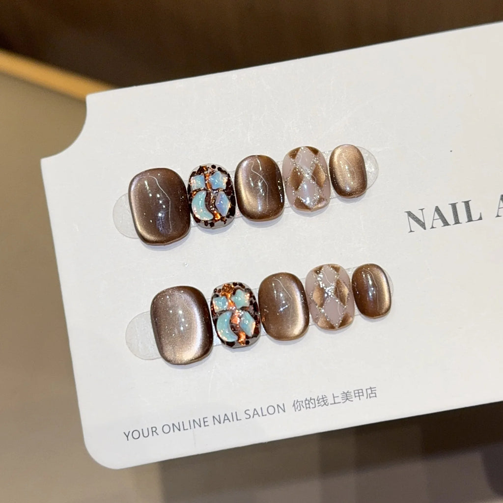 Autumn Brown Cat-Eye Press-On Nails close up