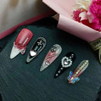 Vintage Flower & Lace French Press On Nails | 3D Rhinestone Butterfly Long Coffin Nails | Elegant Handmade Nail Art