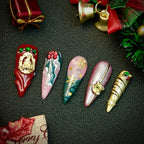 Christmas handmade press on fake nails, 10pcs, hand-painted patch on fake nails, long pointed style, finished nail set,