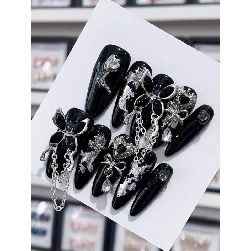 10pcs Handmade Nails Y2K Long Almond Shape Press On Nails, Black Fake Nail With Butterfly Rhinestone Decor Almond Nail