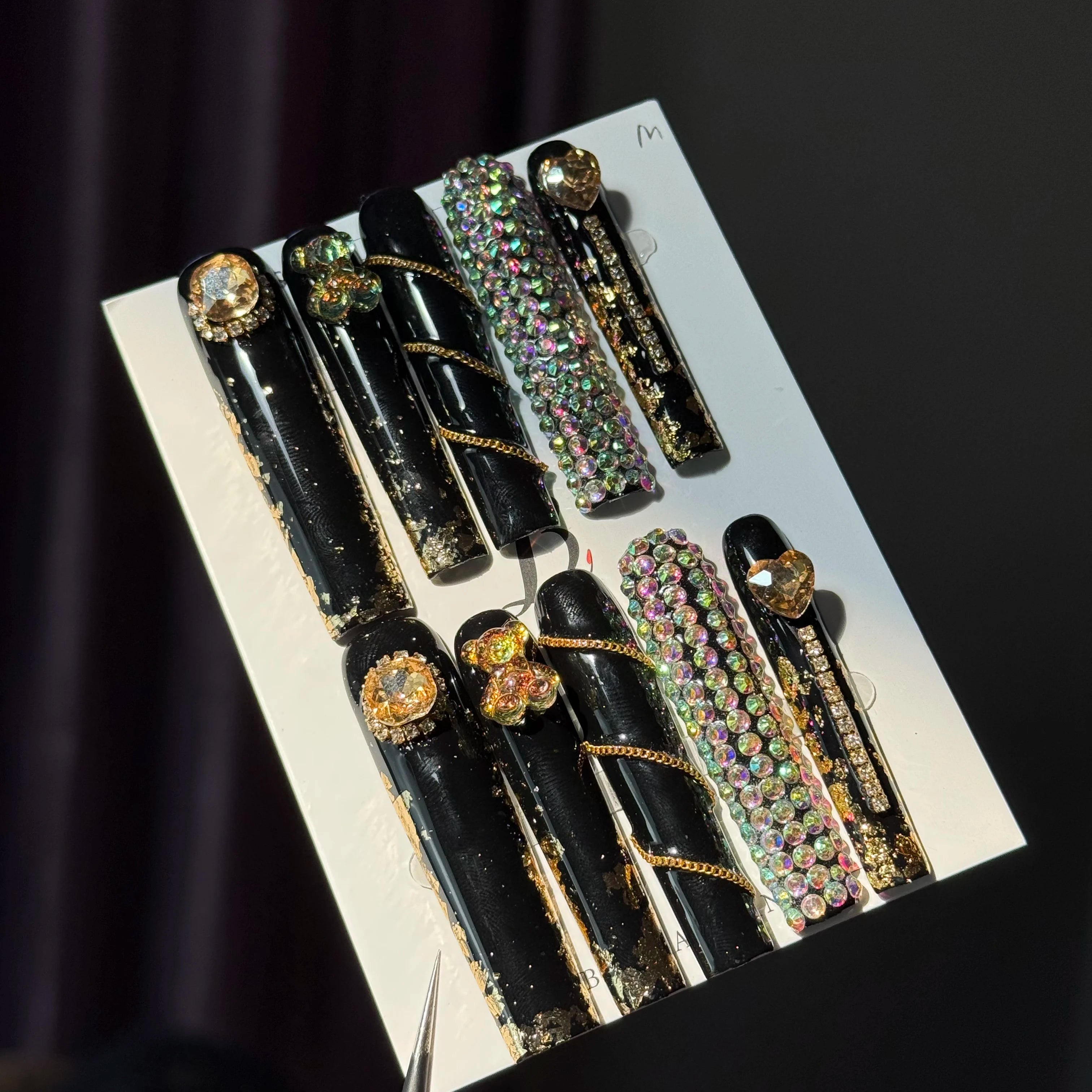 10pcs high-end Junk punk style, heavy metal design, hand-painted three-dimensional bear, heart, chain, sparkling pile diamond