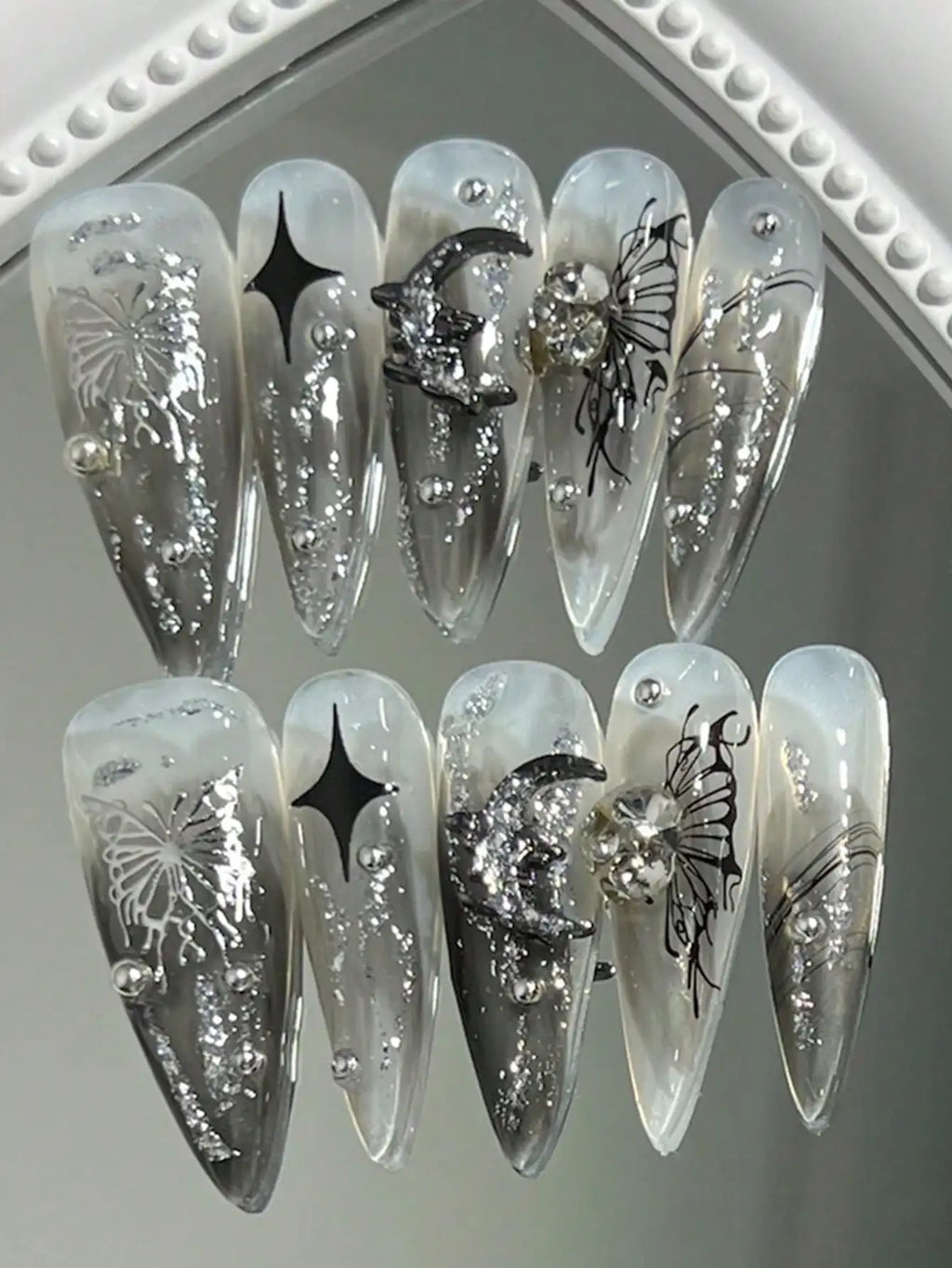 Pearl White Glitter Press-On Nails – Shiny Almond Tips