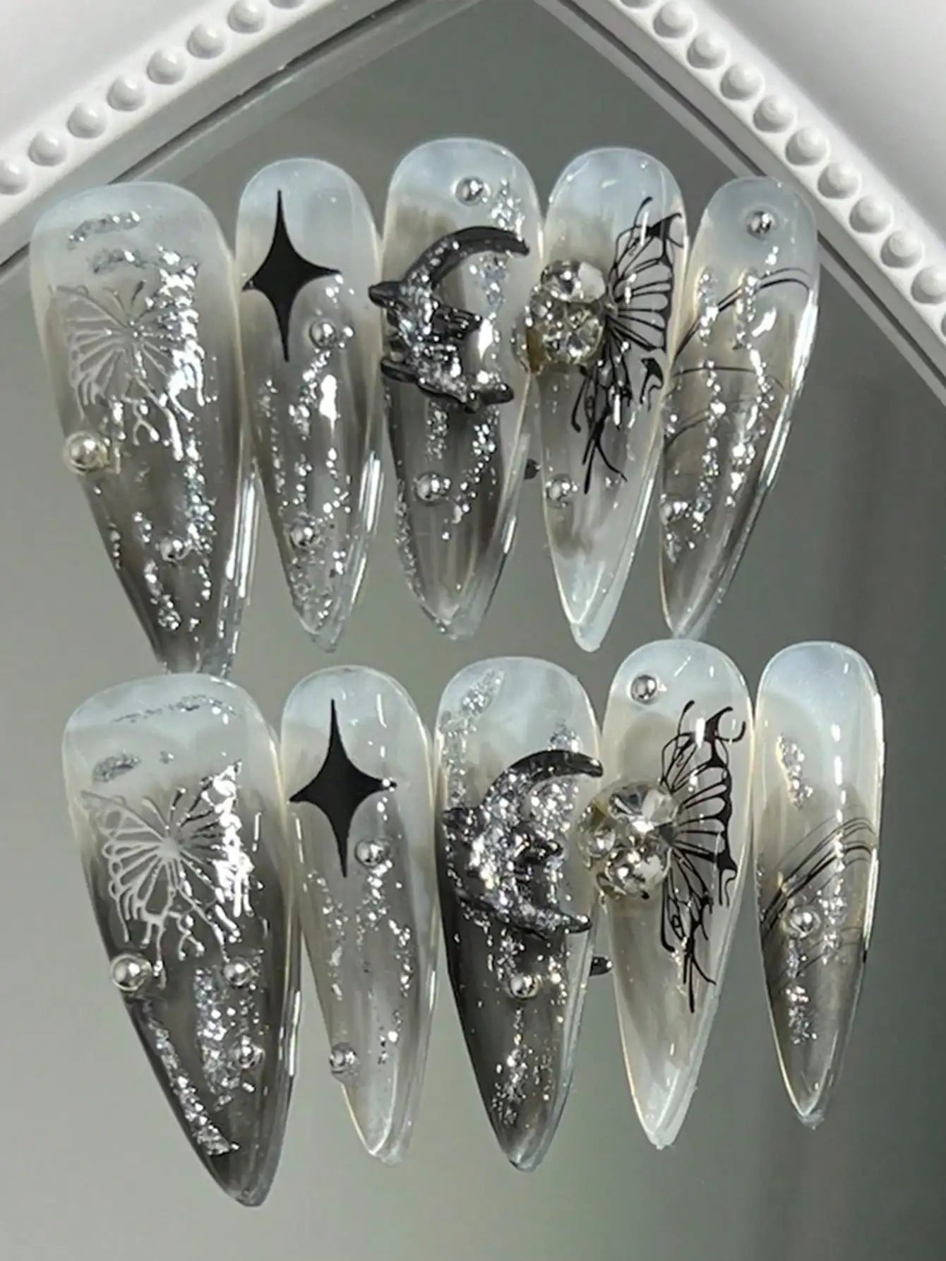 Pearl White Glitter Press-On Nails – Shiny Almond Tips