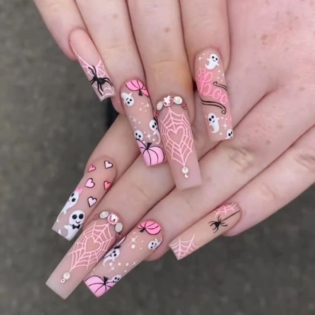 Ultra-long Matte False Nail Halloween Ballerina Square Nail Tips Artificial Nail For Lady Beauty Nail Makeup Fashion Nail Art