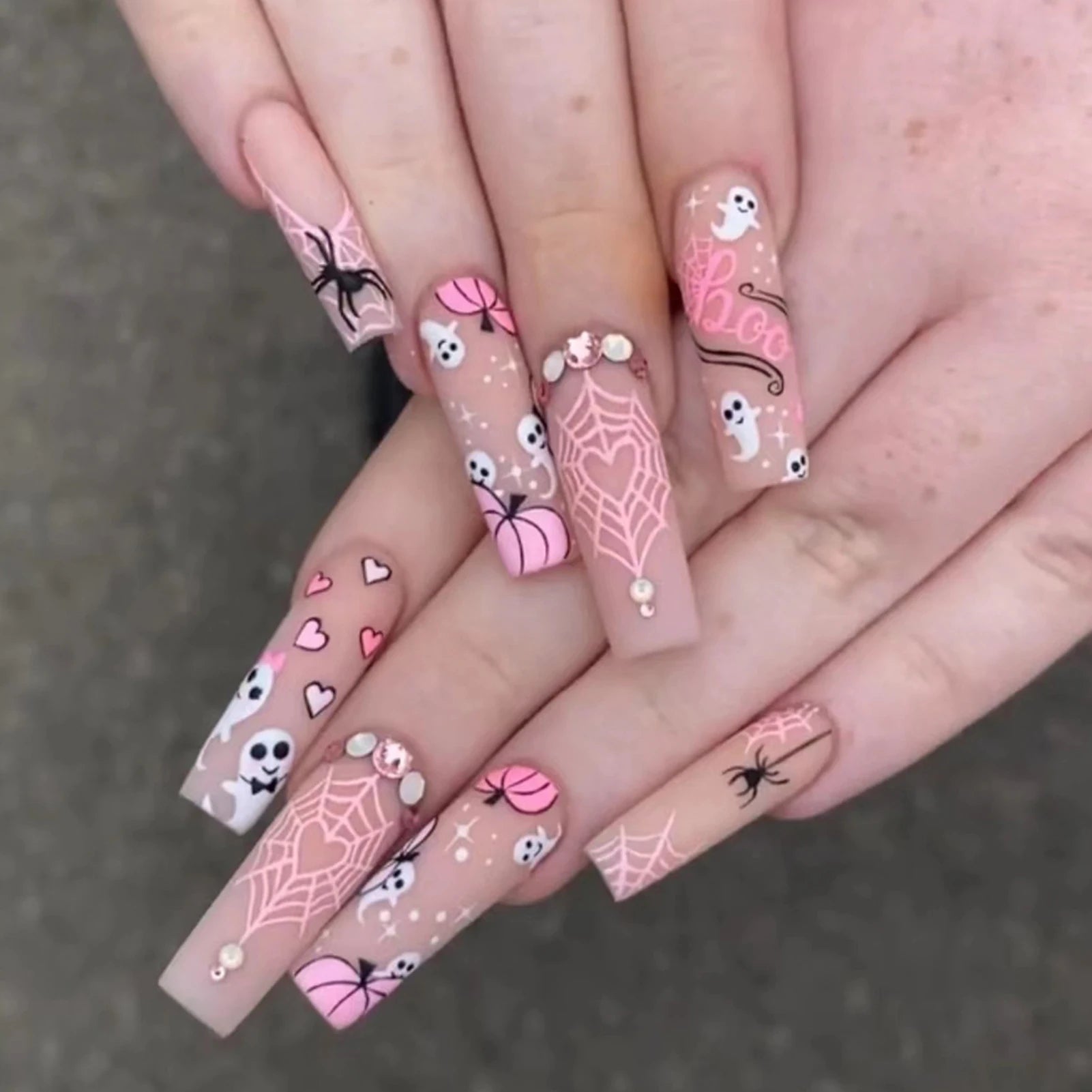 Ultra-long Matte False Nail Halloween Ballerina Square Nail Tips Artificial Nail For Lady Beauty Nail Makeup Fashion Nail Art