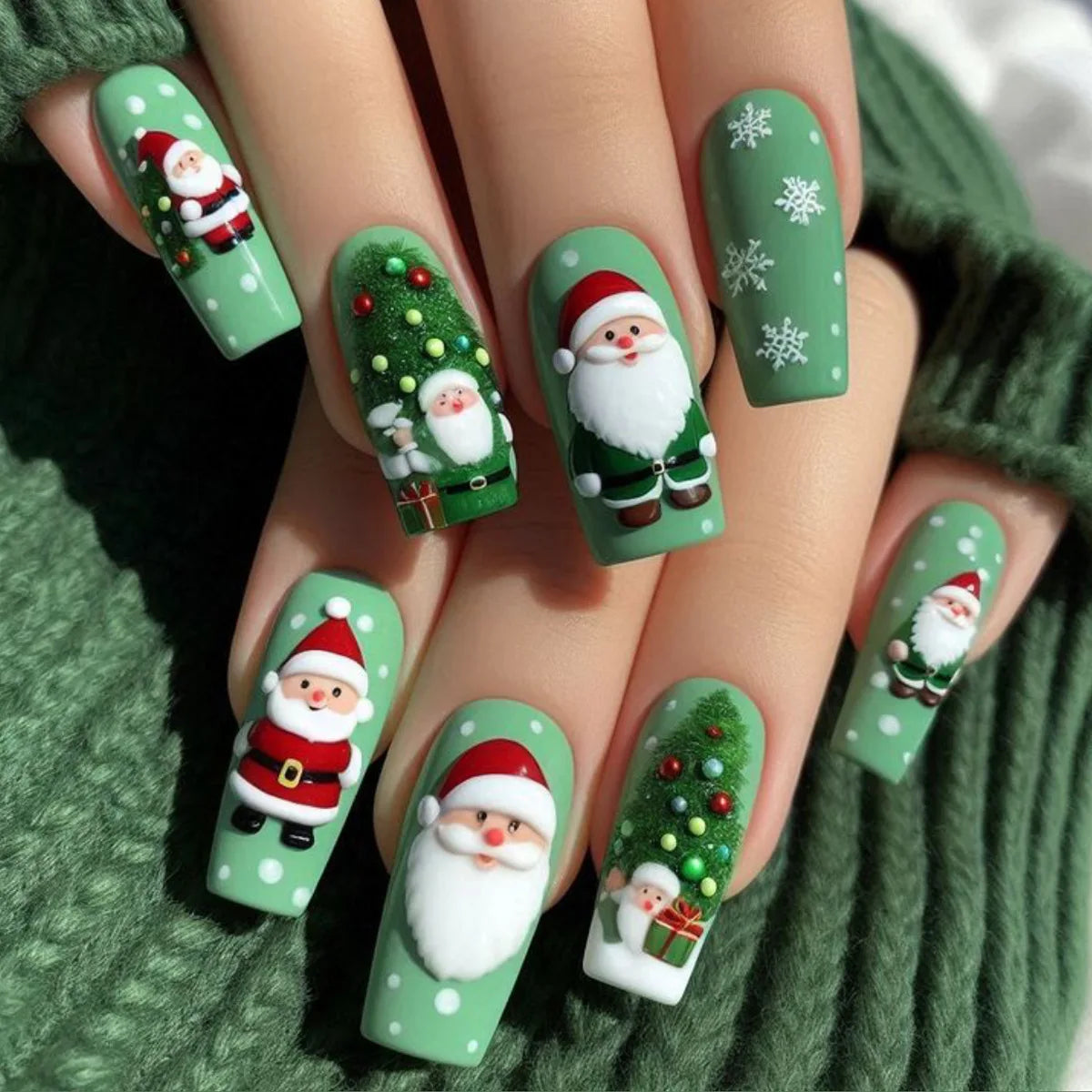 Green Christmas Press on Nails Snowman Santa Claus Print Fake Nails for Women Wearable Winter Christmas False Nails
