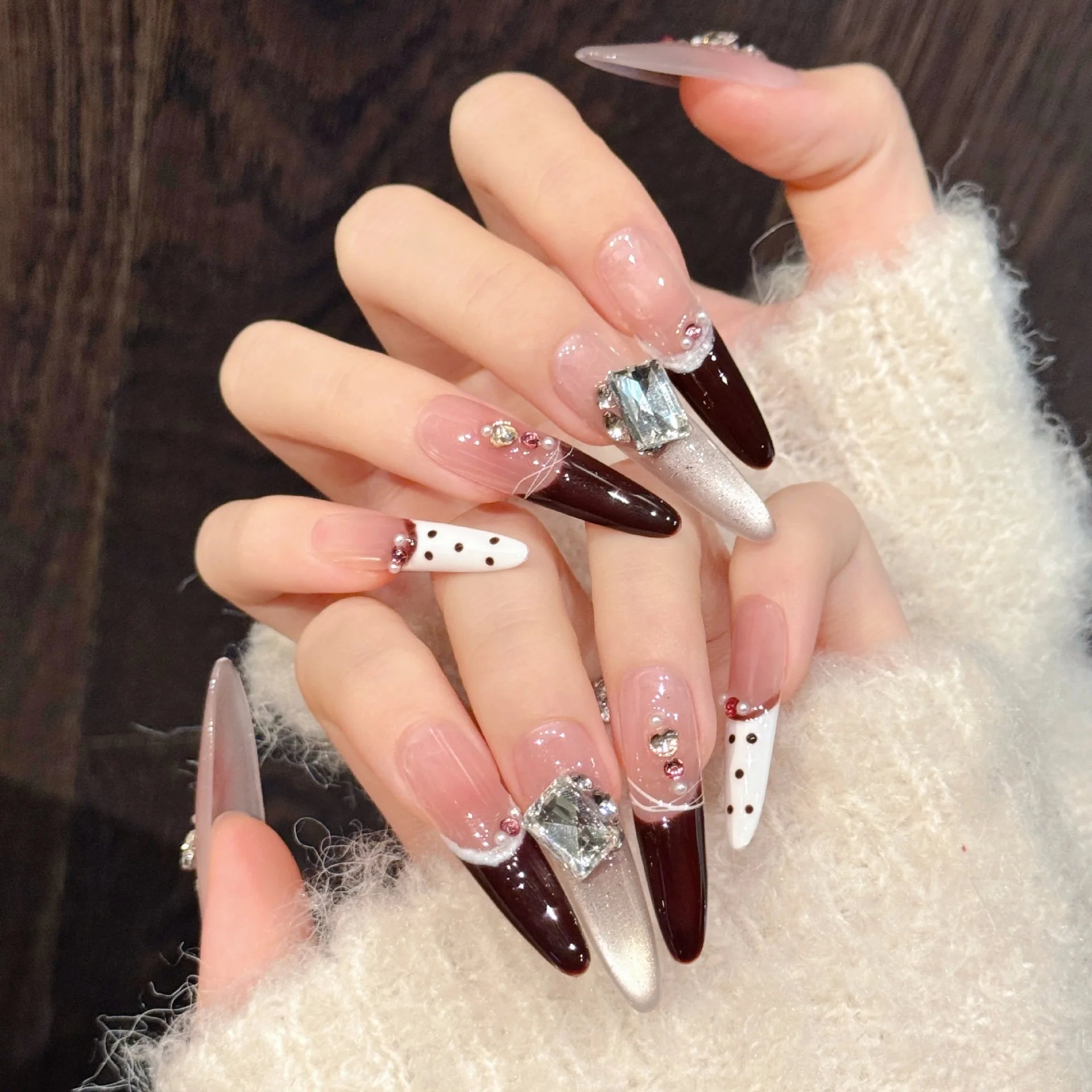 10 PCS Luxury Handmade Press on Nails Long Drop French atmosphere Design with 3-PIECE Tool Adhesive Nail Glue Tabs