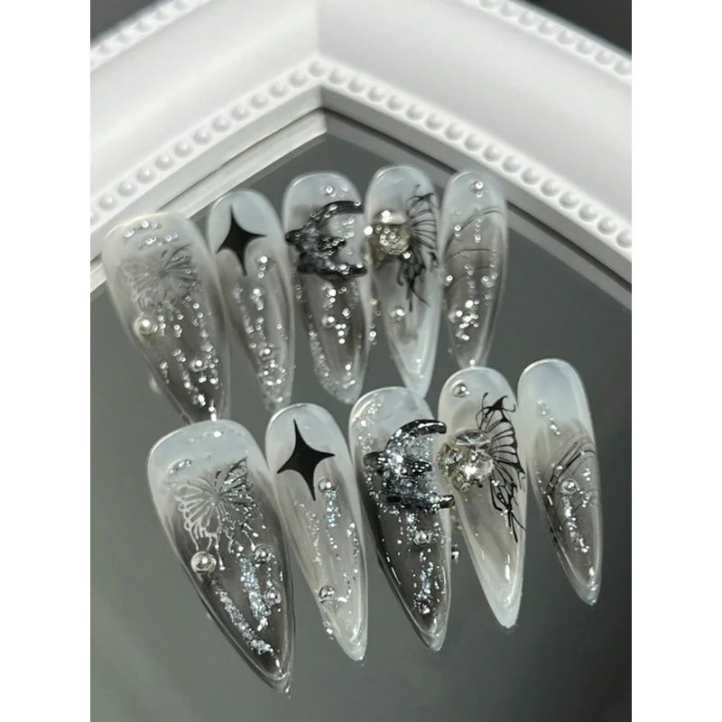 Pearl White Glitter Press-On Nails – Shiny Almond Tips