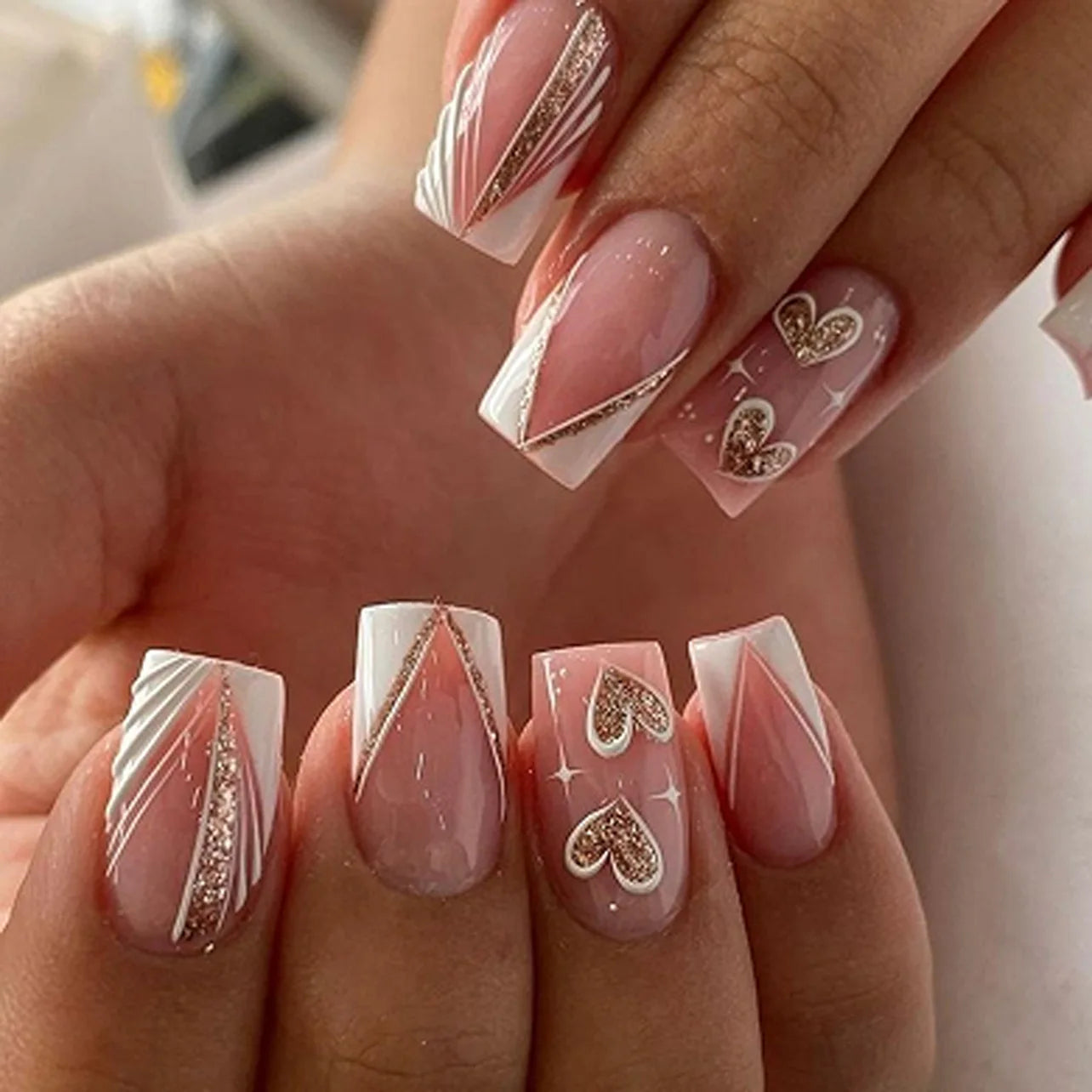 Short Square French Press-On Nails with White Leaf Design (24pcs) Luna Nails