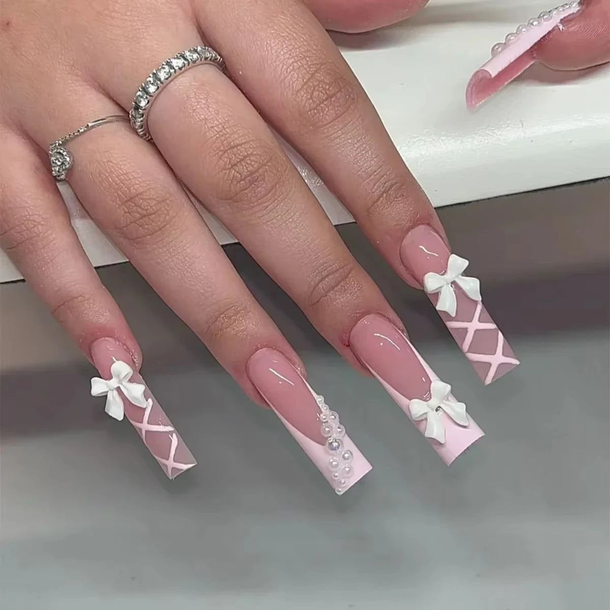 Nude Pink Rhinestone Press-On Nails – Glossy Almond Tips