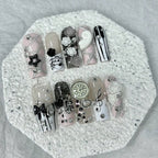 Vintage Pink Musical Notes Press On Nails | 3D Rose & Pearl Coffin Nails | Cute Y2K Gyaru Handmade Nail Set