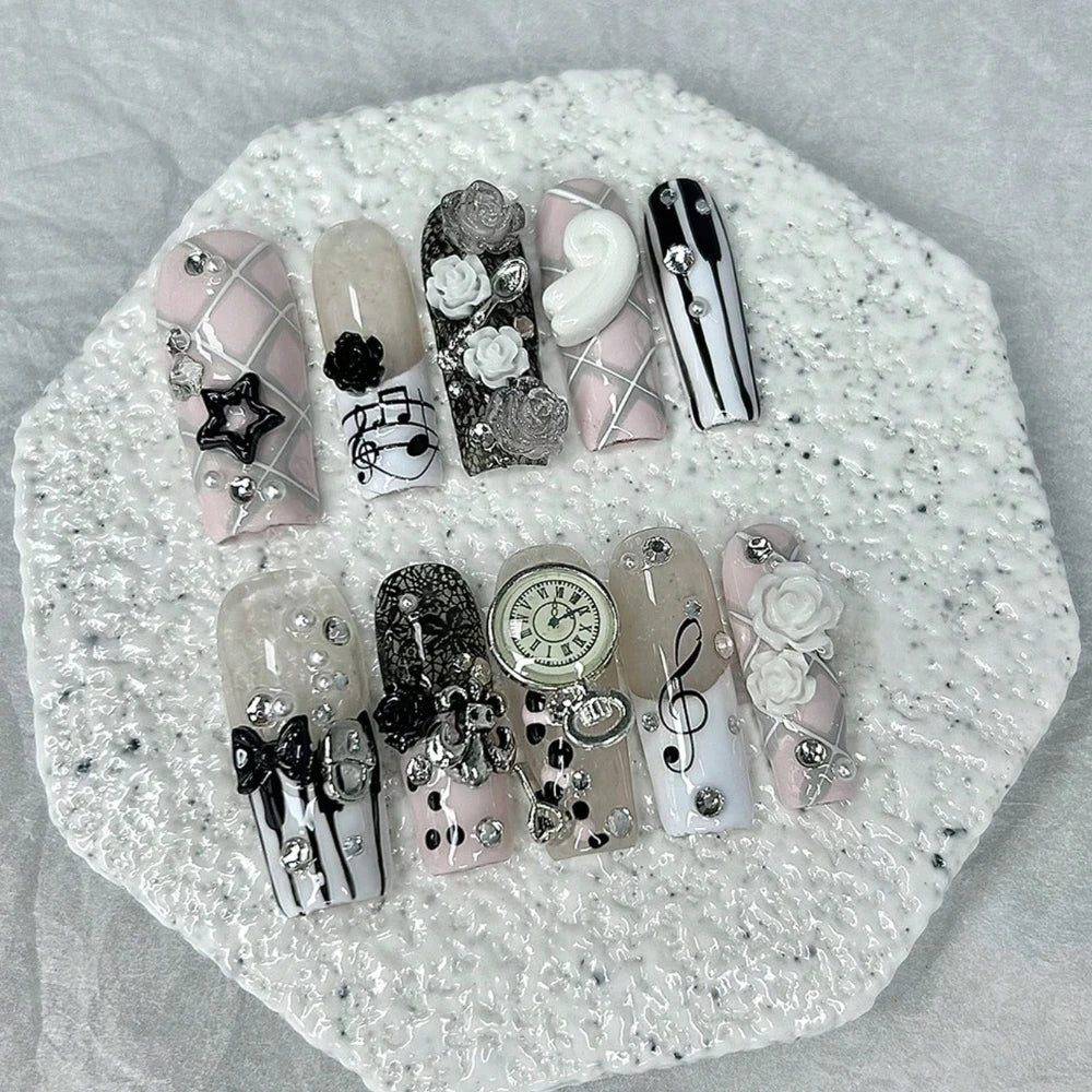 Vintage Pink Musical Notes Press On Nails | 3D Rose & Pearl Coffin Nails | Cute Y2K Gyaru Handmade Nail Set