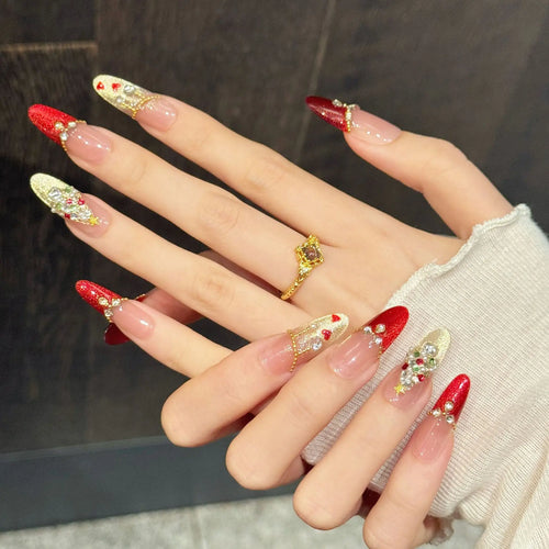 10 PCS Luxury Handmade Press on Nails Long Oval Christmas style Design with 3-PIECE Tool Adhesive Nail Glue Tabs