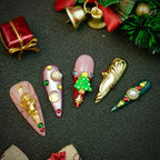 Christmas handmade press on fake nails, 10pcs, hand-painted patch on fake nails, long pointed style, finished nail set,