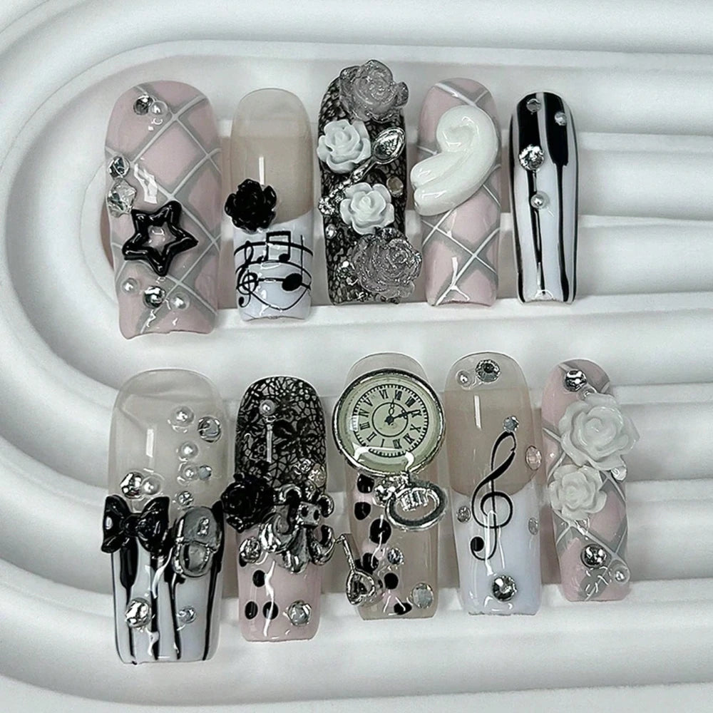 Vintage Pink Musical Notes Press On Nails | 3D Rose & Pearl Coffin Nails | Cute Y2K Gyaru Handmade Nail Set
