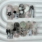 Vintage Pink Musical Notes Press On Nails | 3D Rose & Pearl Coffin Nails | Cute Y2K Gyaru Handmade Nail Set