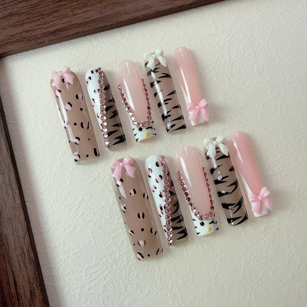 10pcs high-end Y2K Spicy girl style, hand-painted leopard print, zebra print, three-dimensional bow, sparkling pile diamond hand