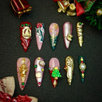 Christmas handmade press on fake nails, 10pcs, hand-painted patch on fake nails, long pointed style, finished nail set,
