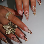 Brown Blue Floral Almond Nails