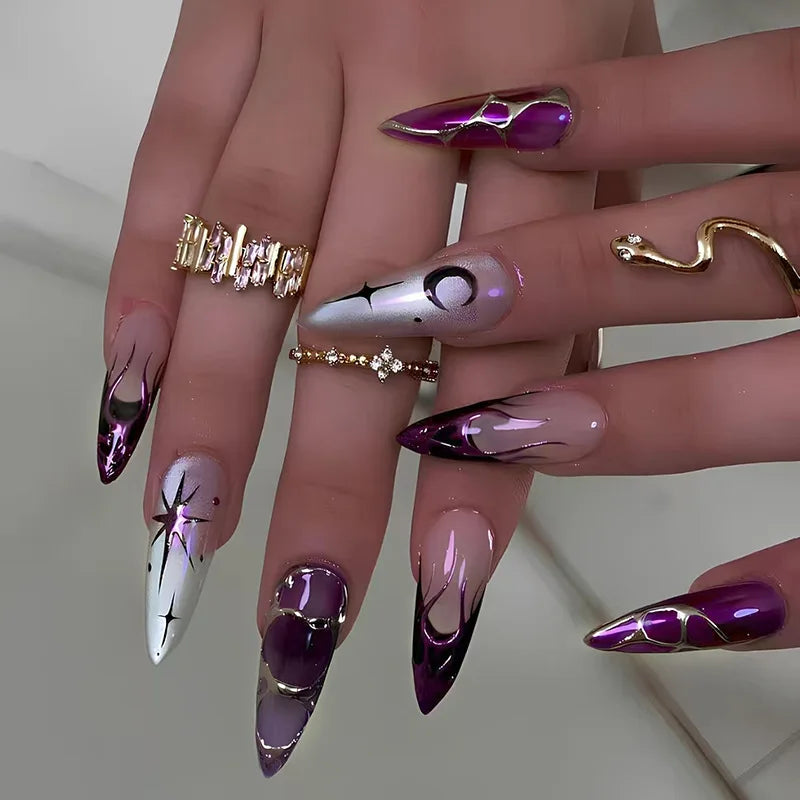 24pcs Black Stiletto Press on Nails Y2k Cat's Eye Design Manicure Pearl Starlight Long Almond False Nails Tip Wearable Fake Nail