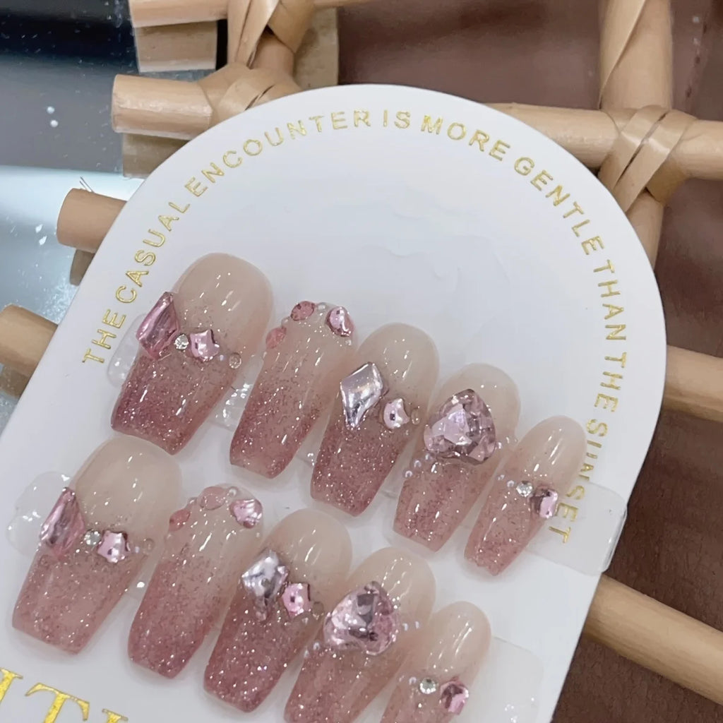 10pcs Summer Shining Love Shining Gradient Handmade False Nails,Bubble Rose False Nail,Women/Girls' Festival Gifts,Mother's Day