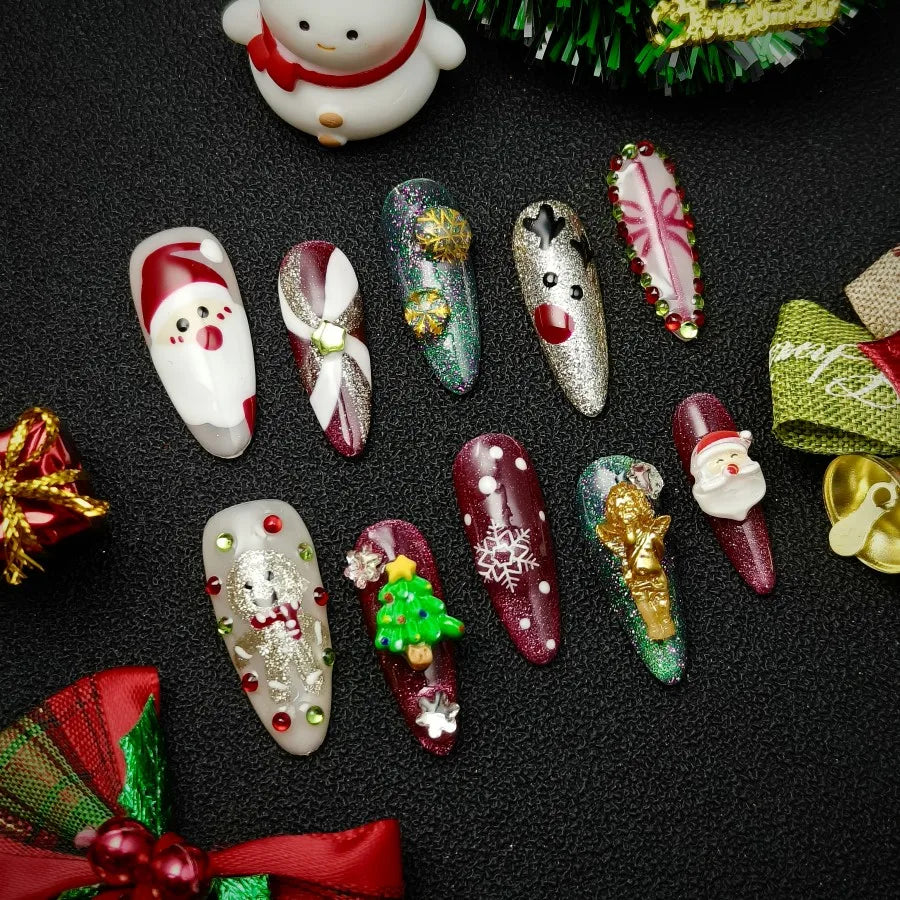 Christmas Cute Nail Art Set, Sweet Pink Heart Press On Nails | 3D Bow & Rhinestone Coffin Nails | Cute Girly Handmade Set