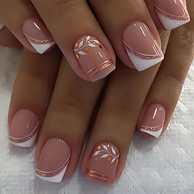 Short Square French Press-On Nails with White Leaf Design (24pcs) Luna Nails