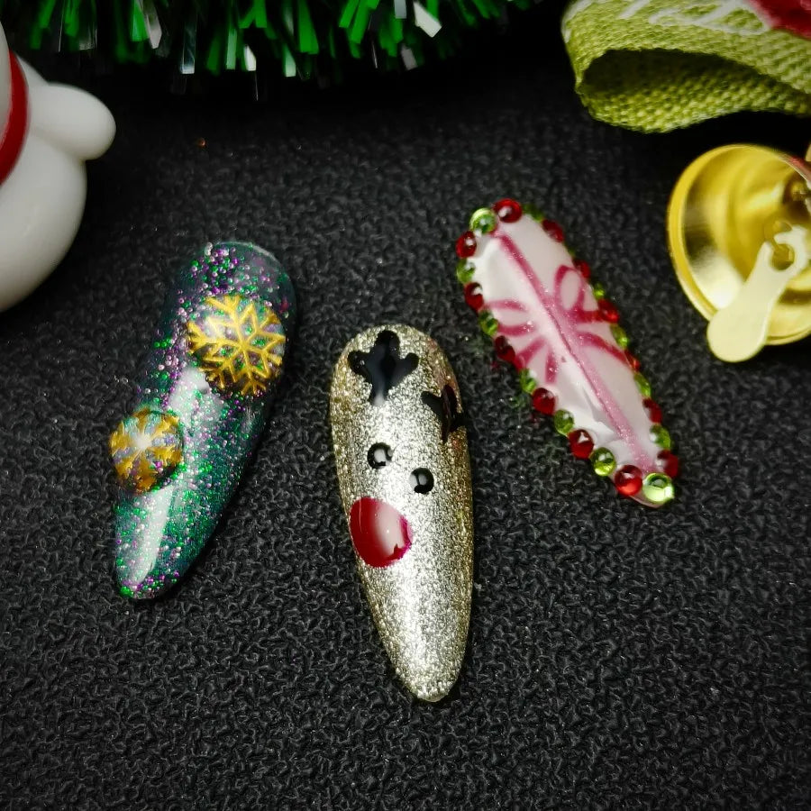 Christmas Cute Nail Art Set, Sweet Pink Heart Press On Nails | 3D Bow & Rhinestone Coffin Nails | Cute Girly Handmade Set