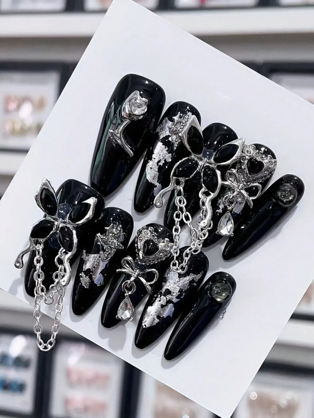 10pcs Handmade Nails Y2K Long Almond Shape Press On Nails, Black Fake Nail With Butterfly Rhinestone Decor Almond Nail