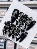 10pcs Handmade Nails Y2K Long Almond Shape Press On Nails, Black Fake Nail With Butterfly Rhinestone Decor Almond Nail