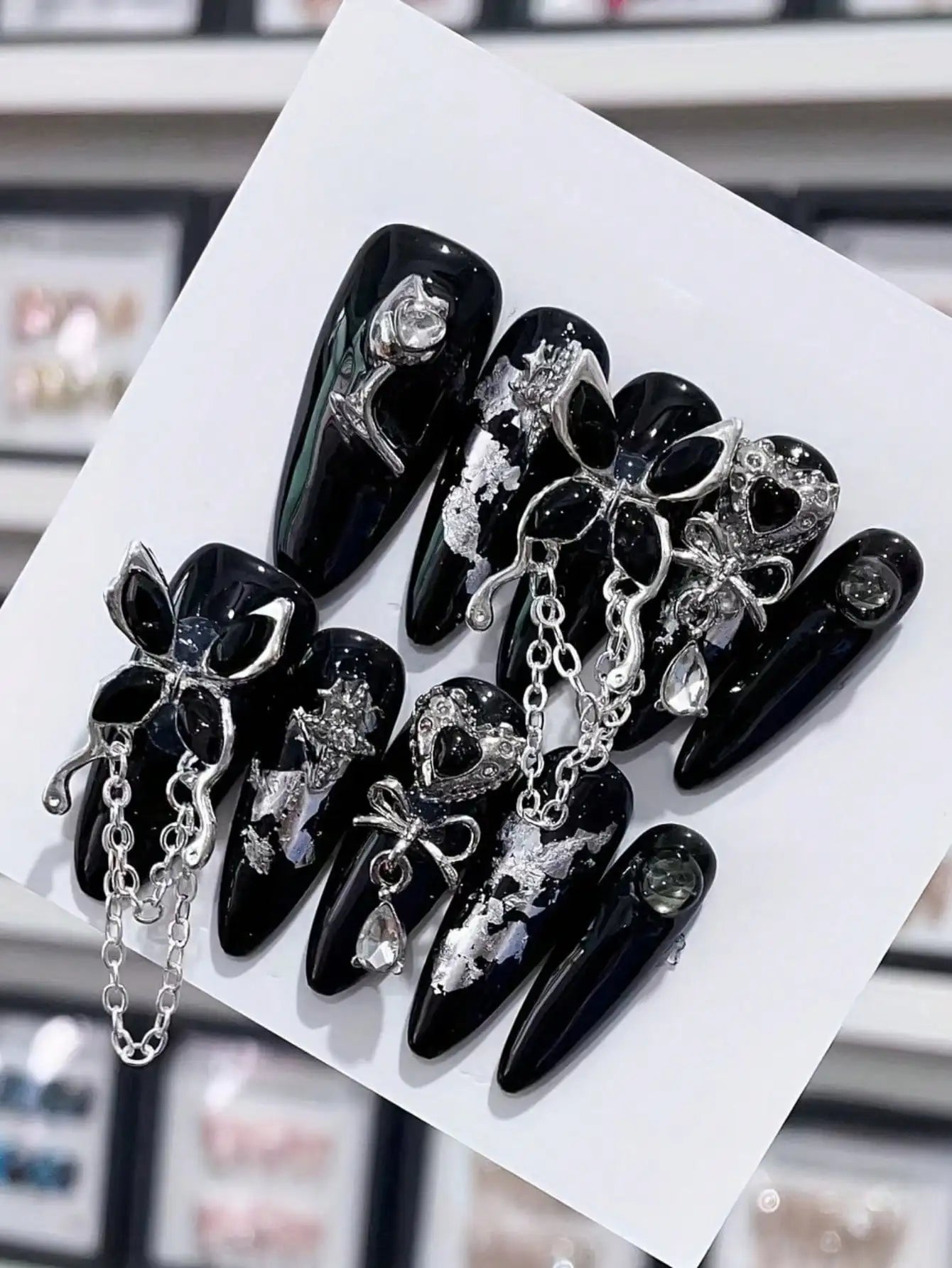 10pcs Handmade Nails Y2K Long Almond Shape Press On Nails, Black Fake Nail With Butterfly Rhinestone Decor Almond Nail