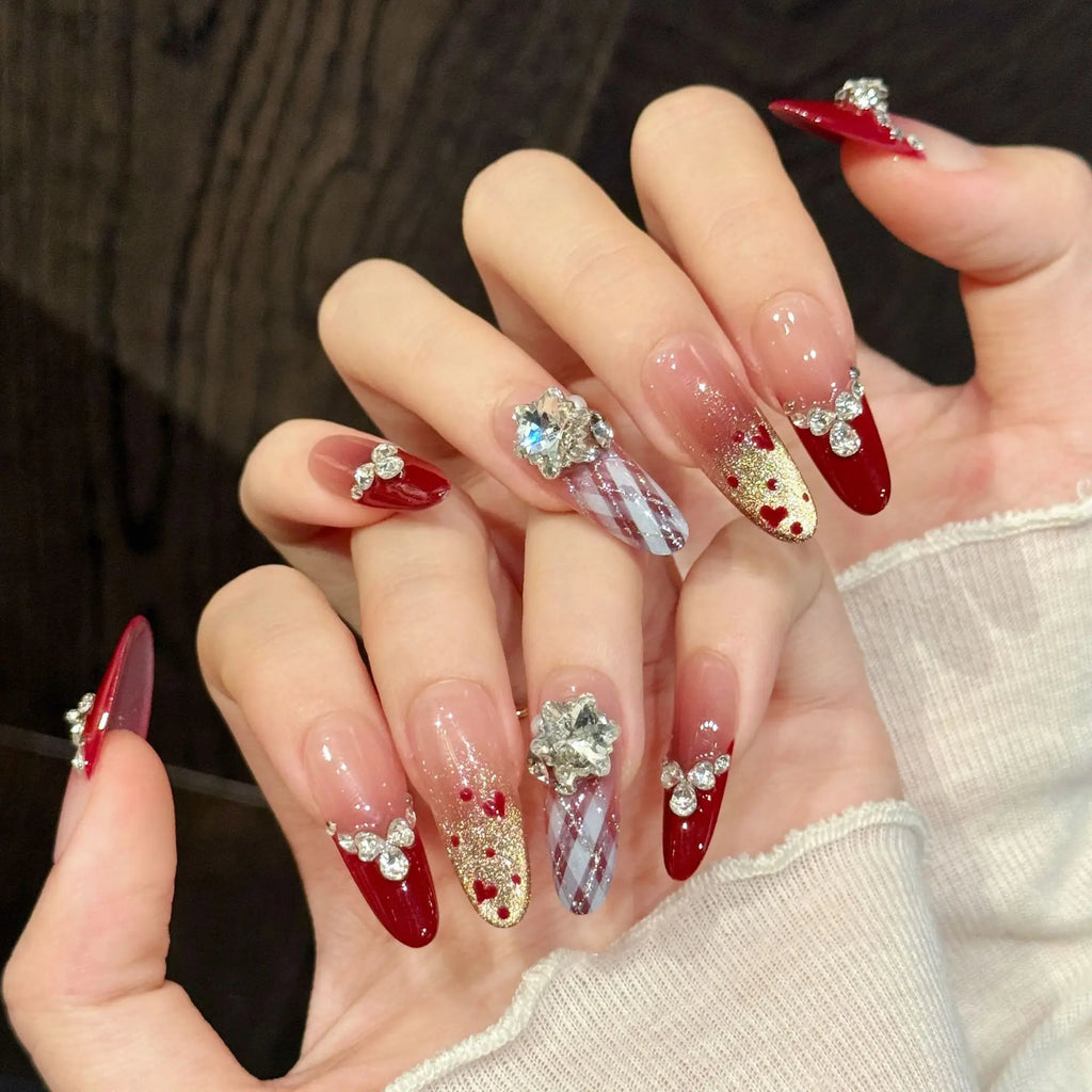 10 PCS Luxury Handmade Press on Nails Long Oval Love wave point Design with 3-PIECE Tool Adhesive Nail Glue Tabs