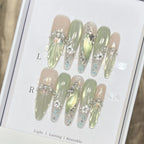 Elegant Blue Gradient Press On Nails | 3D Pearl & Rhinestone Coffin Nails | Luxury Handmade Nail Set