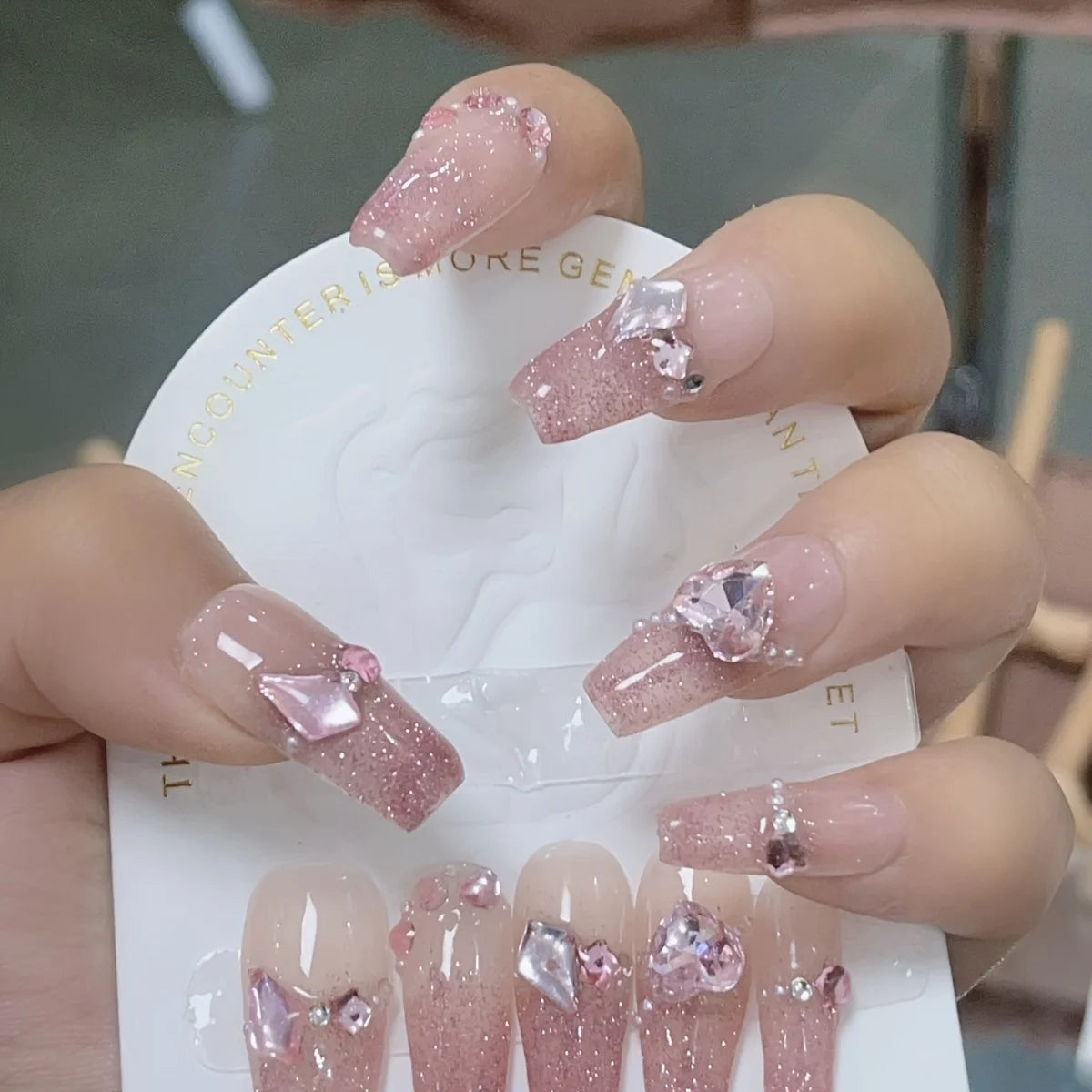 10pcs Summer Shining Love Shining Gradient Handmade False Nails,Bubble Rose False Nail,Women/Girls' Festival Gifts,Mother's Day