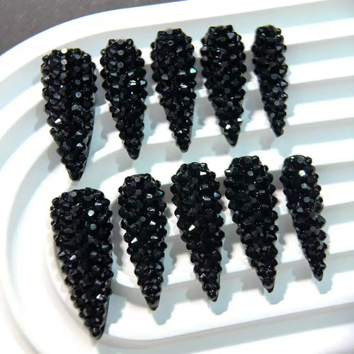 10pcs high-end Cool girl style, dazzling pure black round diamond, sparkling water diamond handmade fake nails