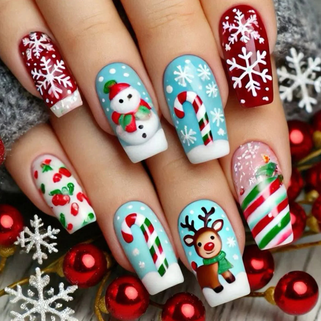 Green Christmas Press on Nails Snowman Santa Claus Print Fake Nails for Women Wearable Winter Christmas False Nails