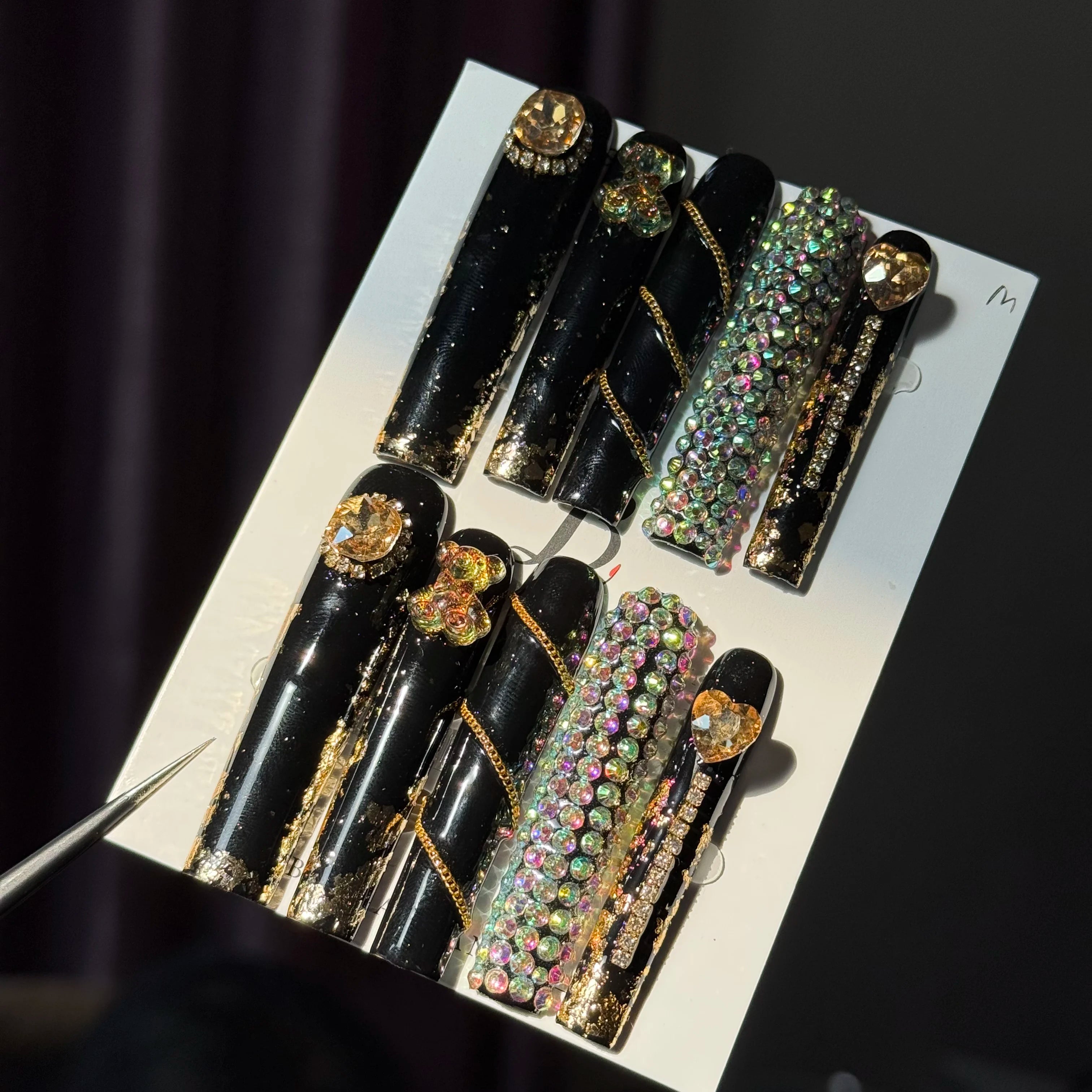10pcs high-end Junk punk style, heavy metal design, hand-painted three-dimensional bear, heart, chain, sparkling pile diamond