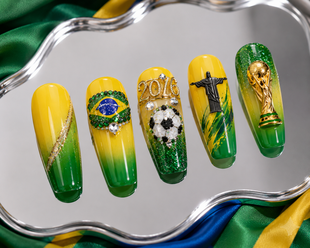 Brazil World Cup 2026 Luxury Handmade Press-On Nails – Green & Yellow Soccer Nail Set